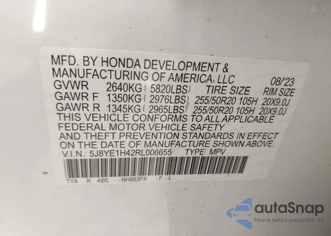 2024 Acura Mdx Technology из США, поврежденный, VIN 5J8YE1H42RL006655